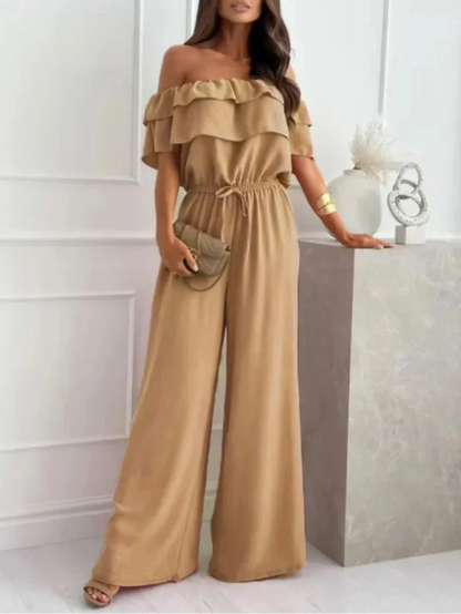 Women’s Jumpsuit – Off Shoulder – Ruffle Neckline – Wide Leg – Breathable Blend