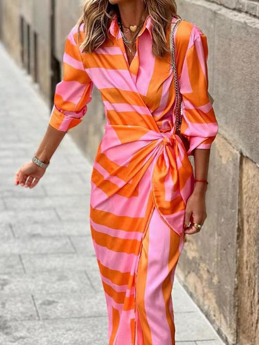 Women’s Dress - Lightweight Woven Fabric - Shirt Collar - Wrap Front - Midi Length