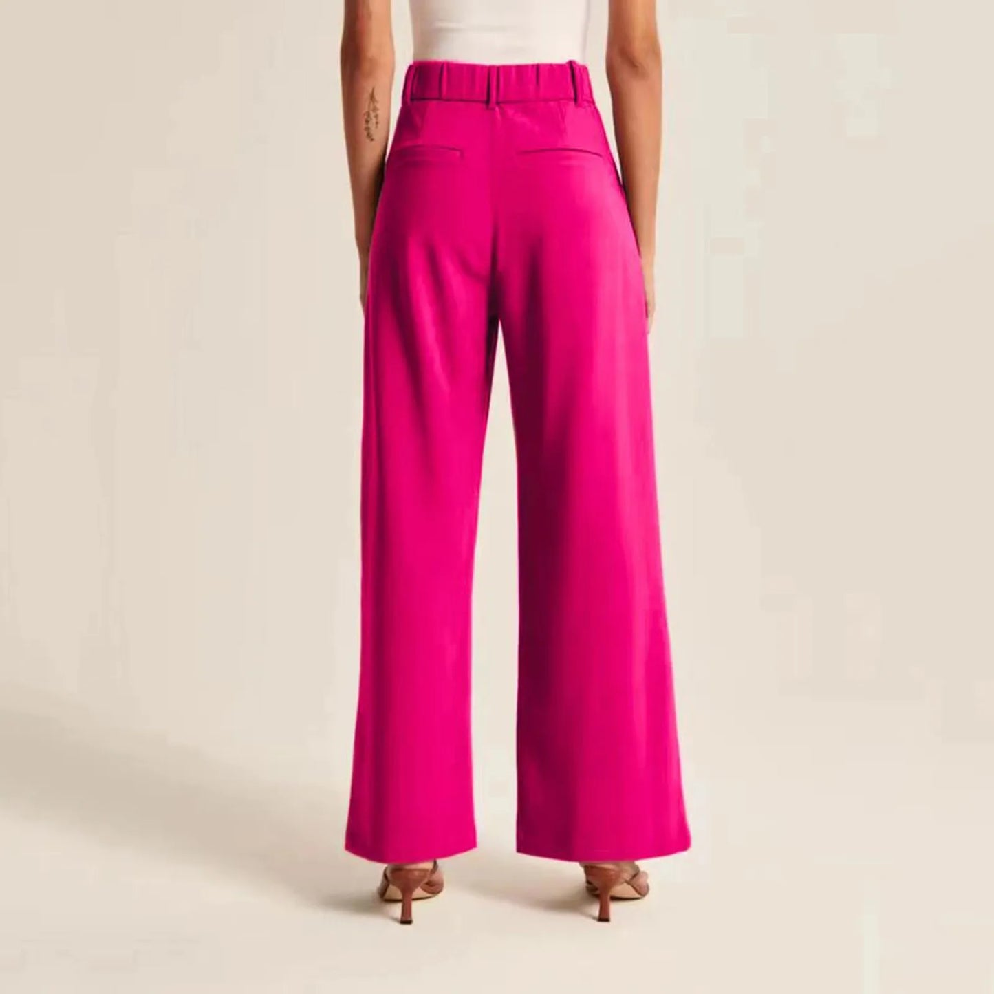 Women’s Wide Leg Pants – High Waisted – Linen Feel – Full Length Pleated Fit