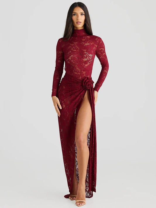Women’s Slip Dress – Lace Bodycon Fit – Long Sleeve – High Neck – Thigh Slit
