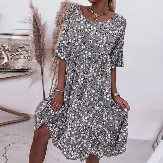 Women’s A-Line Dress – Cotton – Floral Print – O-Neck – Elbow Sleeve – Midi Length