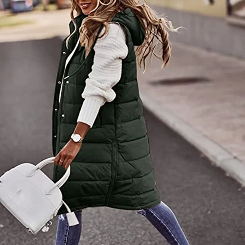 Women’s Quilted Vest – Long Sleeveless Oversized Fit – Hooded Insulated Casual Layer