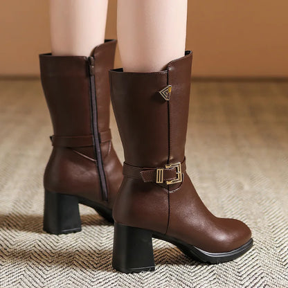 Isla Buckle Mid-Calf Boots | Side Zipper Block Heel Boots