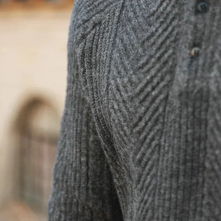 Men’s Knitted Sweater – Slim Fit – Cable Knit – Polo Collar – Long Sleeve Wool Blend