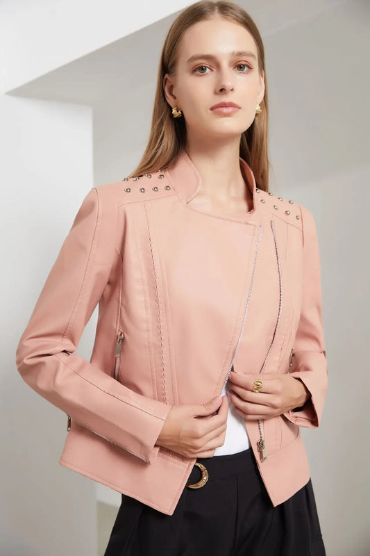 Women’s Tailored Jacket – Structured Fit – Cropped Length – Studded Shoulders – Zip Closure