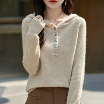 Sienna Buttoned Hooded Sweater | Relaxed Fit Ribbed Cuffs Sweater