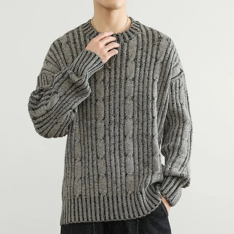Leo Relaxed Fit Pullover Sweater | Cable Knit Striped Hip-Length Pullover Sweater