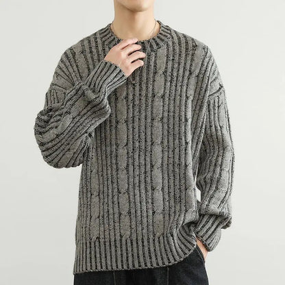 Leo Relaxed Fit Pullover Sweater | Cable Knit Striped Hip-Length Pullover Sweater