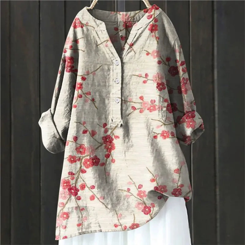 Women's Tunic Blouse - Cotton Blend - Relaxed Flowing Silhouette - Bold Floral Print