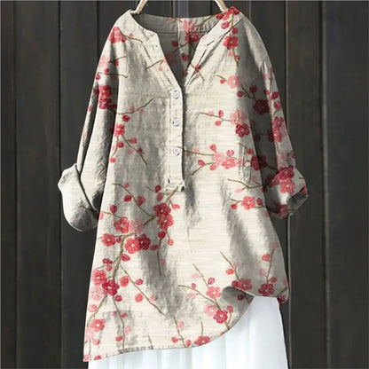 Women's Tunic Blouse - Cotton Blend - Relaxed Flowing Silhouette - Bold Floral Print