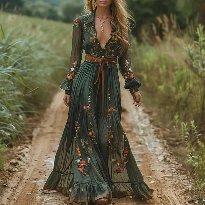 Women’s Maxi Dress – Boho Style – Flowing Fit – Long Sleeve – Belted Tiered Skirt