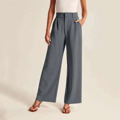 Women’s Wide Leg Pants – High Waisted – Linen Feel – Full Length Pleated Fit
