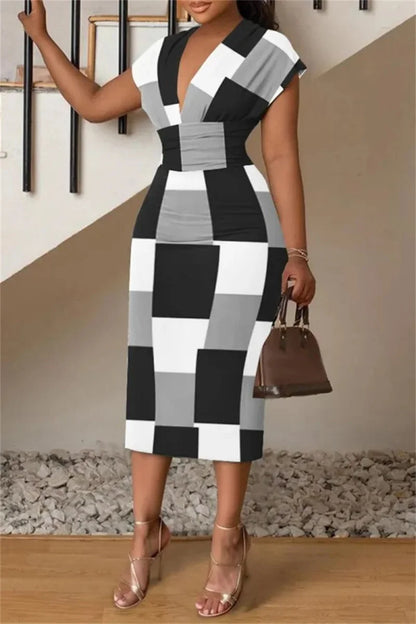 Women's Midi Dress - Bodycon Fit - V-Neck Wrap Style - Cap Sleeve Elegant Design