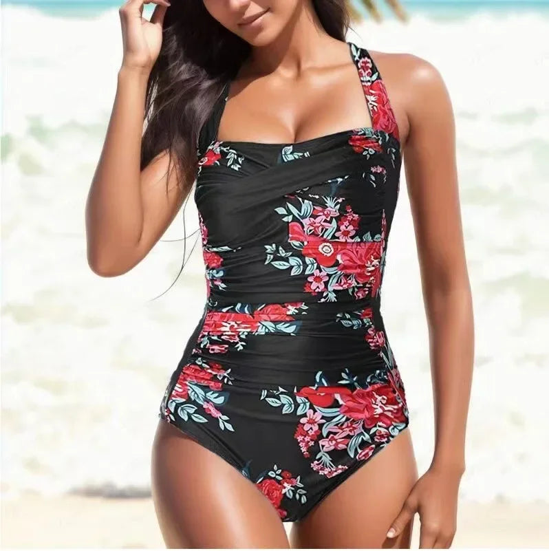 Women’s Monokini Swimsuit – Halter Neck – Ruched Front – Floral Print – Sleek Fit