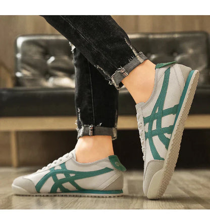 Men’s Low-Top Sneakers – Leather Suede Mix – Geometric Panels – Lace-Up Casual Fit