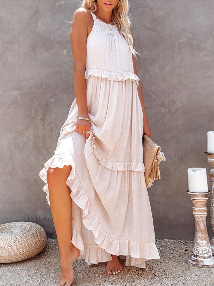 Women's Maxi Dress - Halter Neck - Sleeveless Flowy Fit - Ruffle Detail Elegant Casual Wear