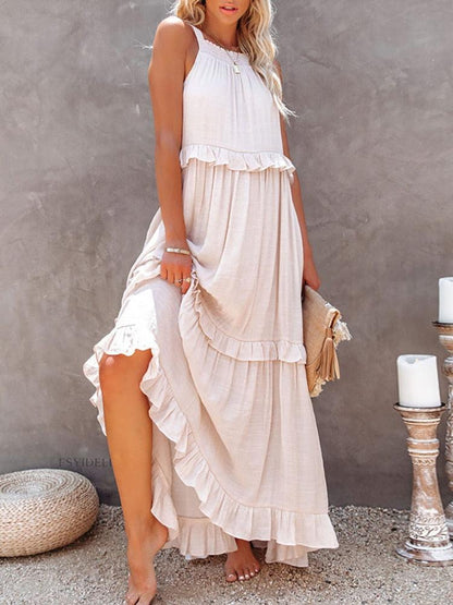 Women's Maxi Dress - Halter Neck - Sleeveless Flowy Fit - Ruffle Detail Elegant Casual Wear