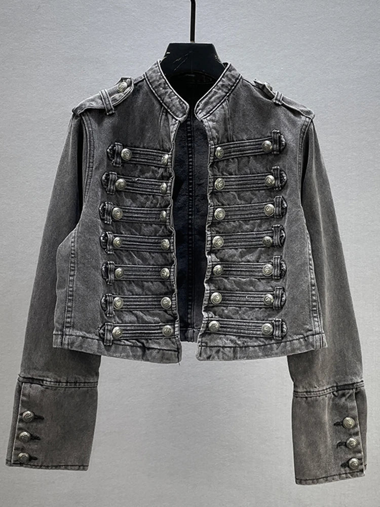 Women’s Denim Jacket – Cropped Fit – Military Style – Double-Breasted Buttons