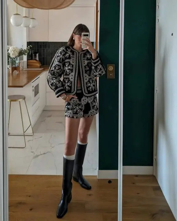 Women’s Ethnic Coat – Cotton – Relaxed Fit – Embroidered Open Front – Lantern Sleeve