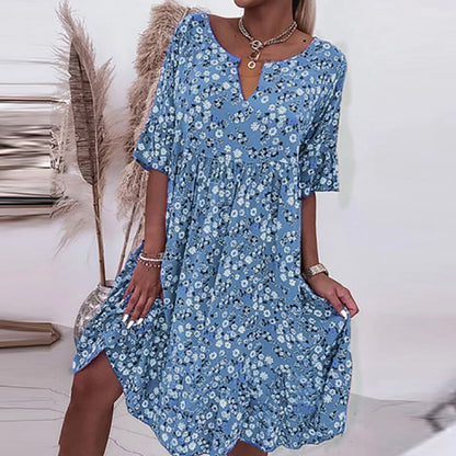 Women’s A-Line Dress – Cotton – Floral Print – O-Neck – Elbow Sleeve – Midi Length