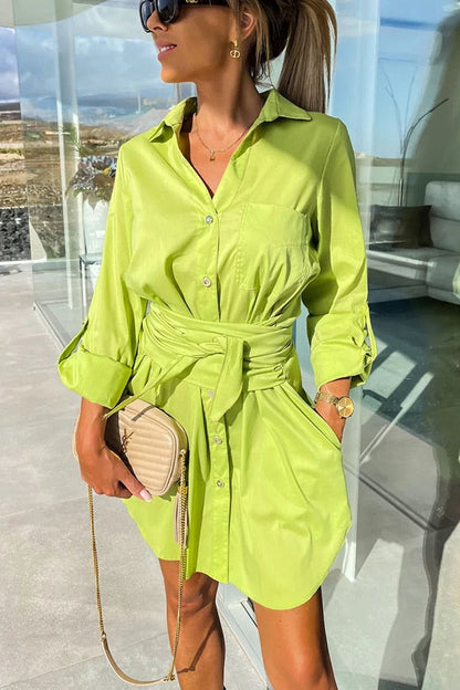 Women's Shirt Dress - Button Down - Waist Tie - Long Sleeve - Smart Casual
