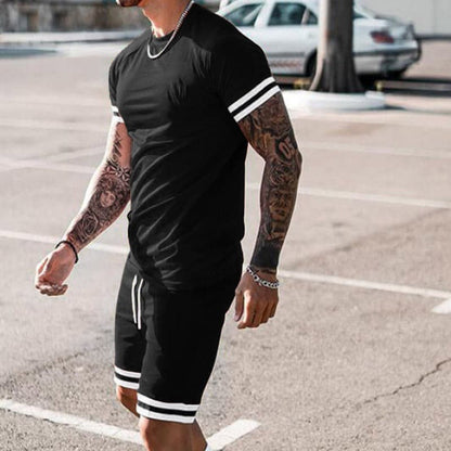 Men’s Athletic Set – Slim Fit – Breathable Stretch Fabric – Short Sleeve & Drawstring Shorts