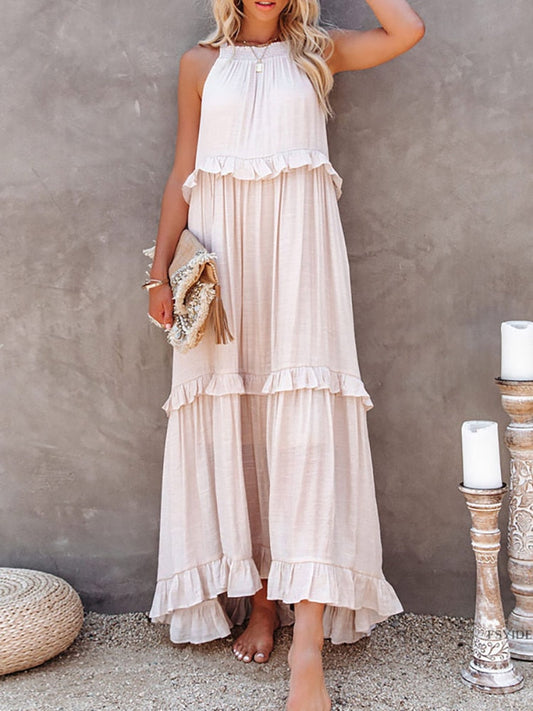 Women’s Maxi Dress – Relaxed Fit – Halter Neck – Ruffle Tiered Skirt – Natural Fibers
