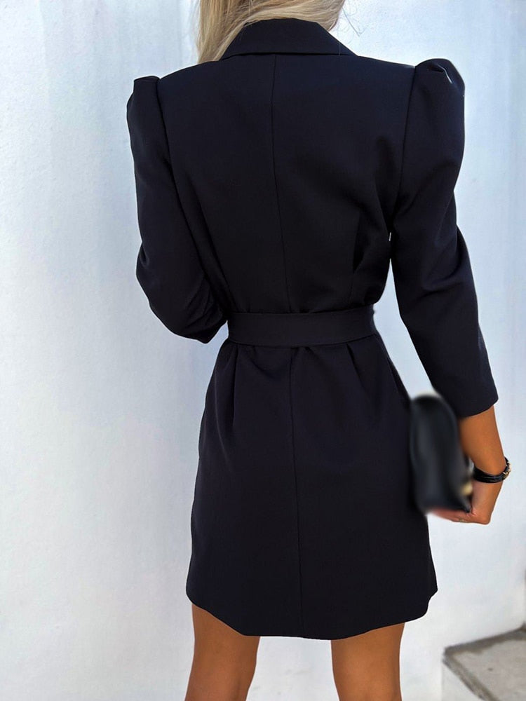 Women’s Blazer Dress – Tailored Fit – Double-Breasted – Belted Waist – Mini Length