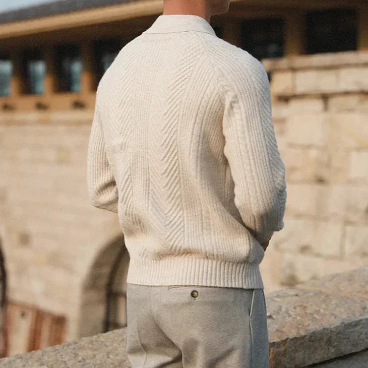 Men’s Knitted Sweater – Slim Fit – Cable Knit – Polo Collar – Long Sleeve Wool Blend