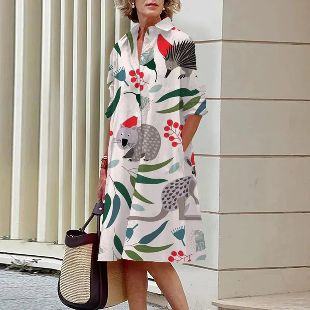 Women's Knee-Length Dress - A-Line Fit - Long Sleeve - Round Neck - Breathable Casual Wear