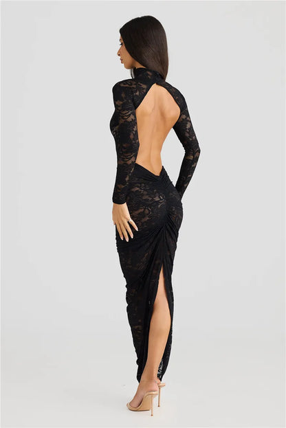 Women’s Slip Dress – Lace Bodycon Fit – Long Sleeve – High Neck – Thigh Slit