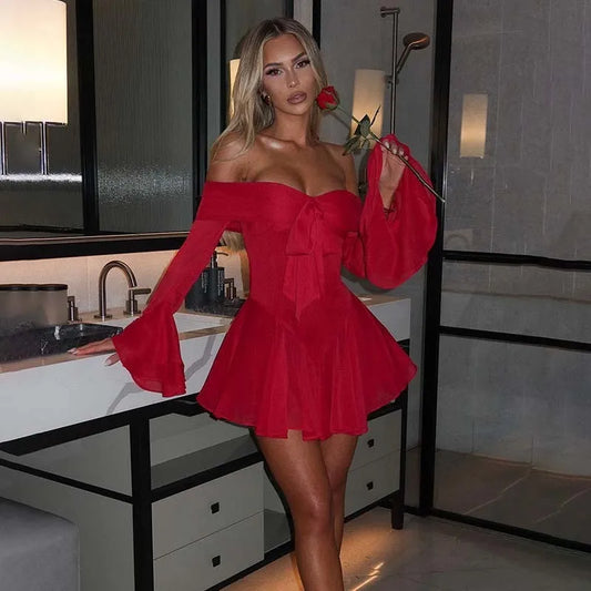 Women's Off-Shoulder Mini Dress - A-Line Silhouette - Long Flared Sleeves - Bow Detail