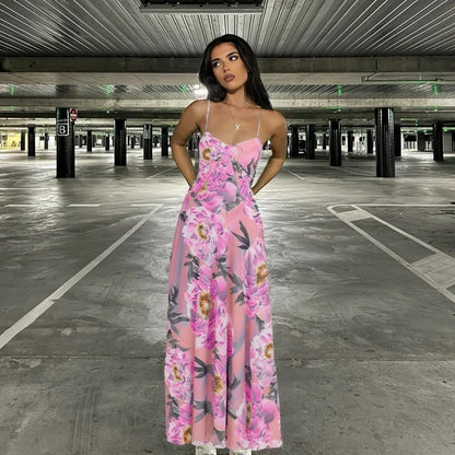 Women's Maxi Dress - Floral Print - Spaghetti Strap - Flowy Elegant Fit