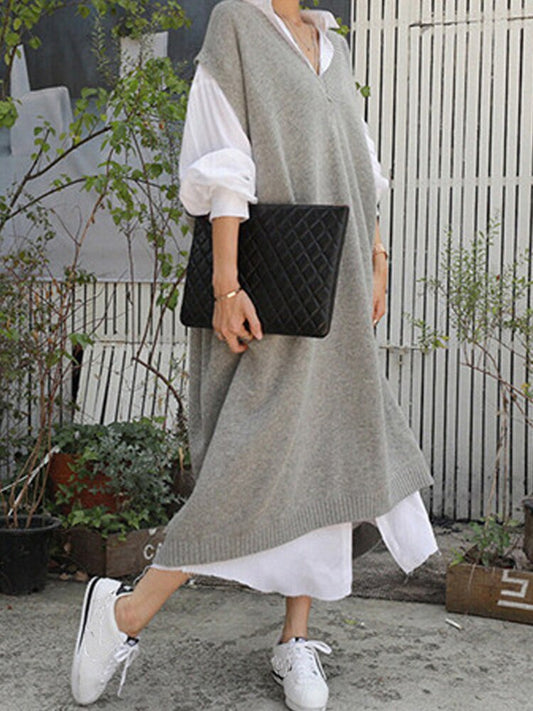 Women’s Pullover Dress – Soft Knit – Loose Fit – Sleeveless V-Neck – Midi Style