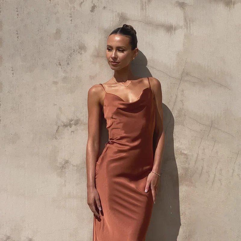 Women’s Satin Maxi Dress – Slim Fit – Cowl Neck – Spaghetti Straps – Evening Wear