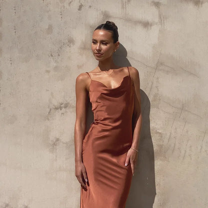 Women’s Satin Maxi Dress – Slim Fit – Cowl Neck – Spaghetti Straps – Evening Wear