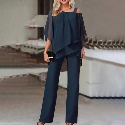 Women’s Two-Piece Set - Chiffon - Cold Shoulder - Tiered Layering