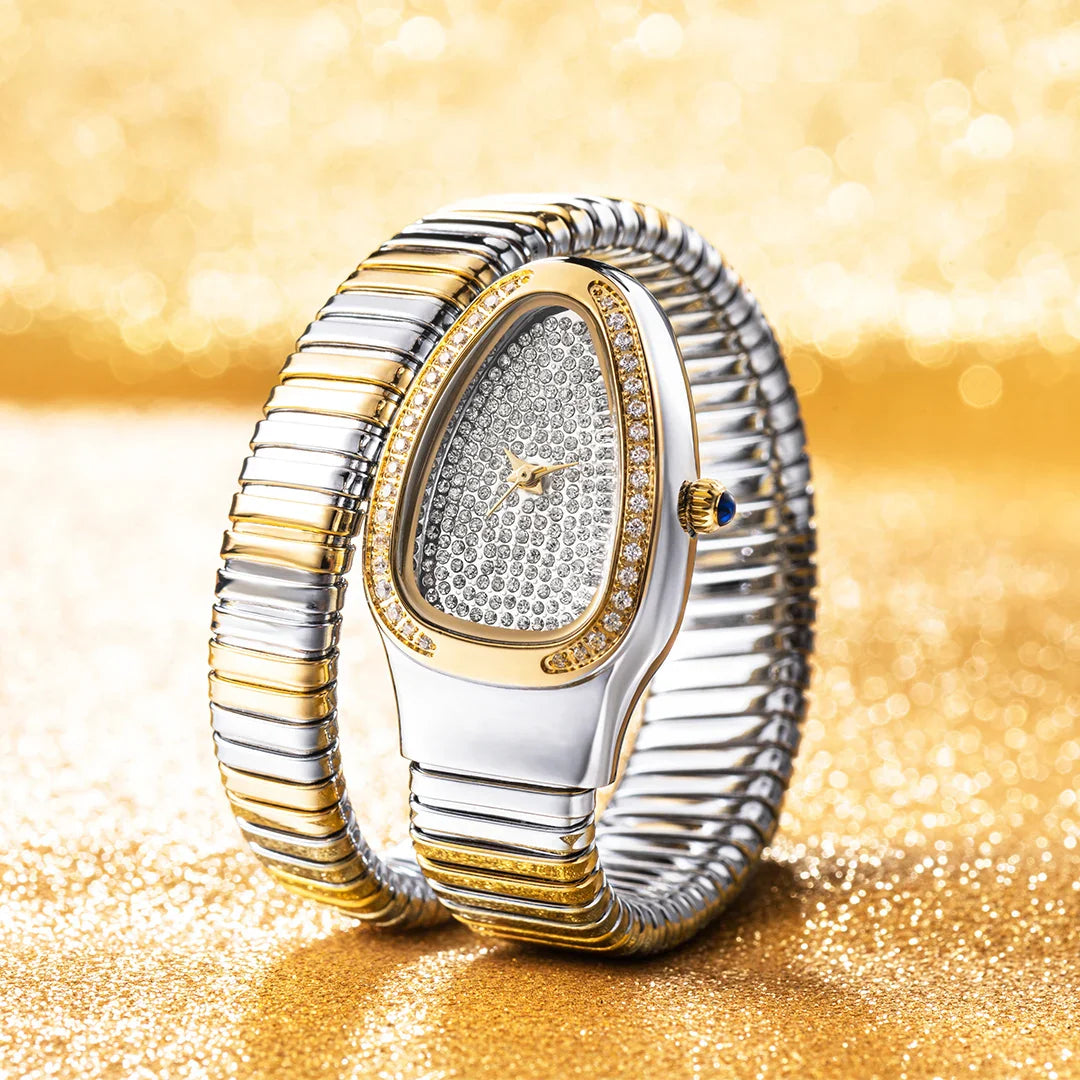 Lily Oval Pave Bracelet Wrist Watch | Stone Embellished Bezel Snake Coil Band Wrist Watch