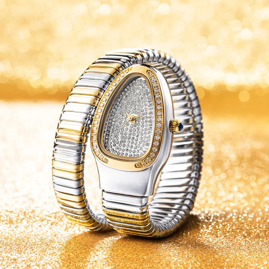 Lily Oval Pave Bracelet Wrist Watch | Stone Embellished Bezel Snake Coil Band Wrist Watch