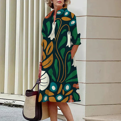 Women's Knee-Length Dress - A-Line Fit - Long Sleeve - Round Neck - Breathable Casual Wear