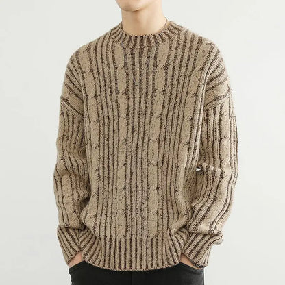 Leo Relaxed Fit Pullover Sweater | Cable Knit Striped Hip-Length Pullover Sweater