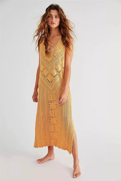 Women’s Midi Dress – Relaxed Fit – Mesh Knit – V-Neck – Side Slits – Breathable Fabric