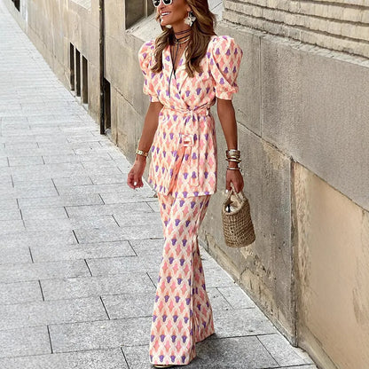 Women’s Blouse – Tailored Fit – Puff Sleeve Wrap Top – V-Neck – Geometric Print