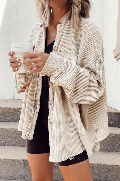 Women’s Shirt Jacket – Oversized Fit – Waffle Knit – Button Front – Raw Edge Detailing