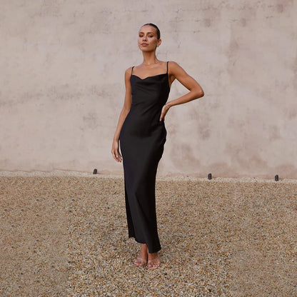Women’s Satin Maxi Dress – Slim Fit – Cowl Neck – Spaghetti Straps – Evening Wear