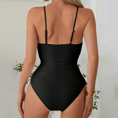 Women’s One-Piece Swimsuit – Slim Fit – Deep V-Neck – Ribbed Texture – Cut-Out Detail