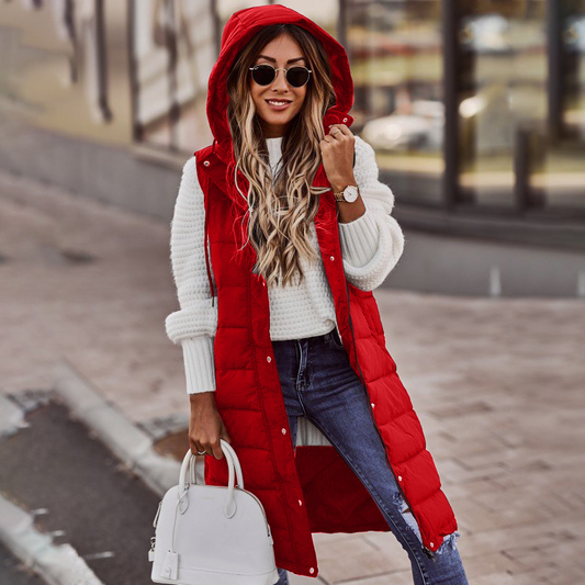 Women’s Long Bodywarmer – Quilted Padded – Oversized Fit – Hooded Sleeveless Layer