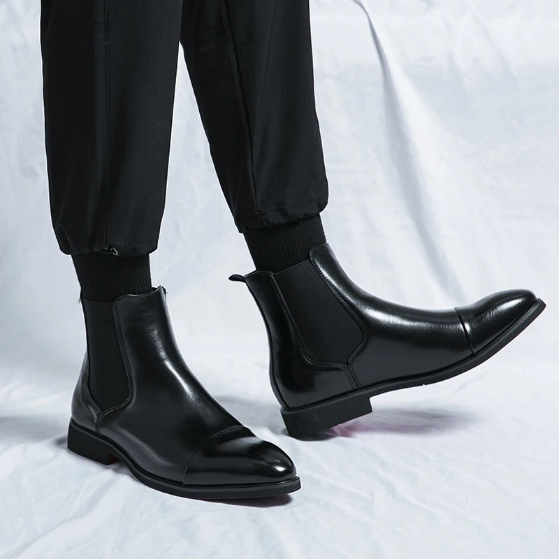 Men’s Leather Boots – Ankle Length – Sleek Fit – Cap Toe – Slip-On Chelsea Style