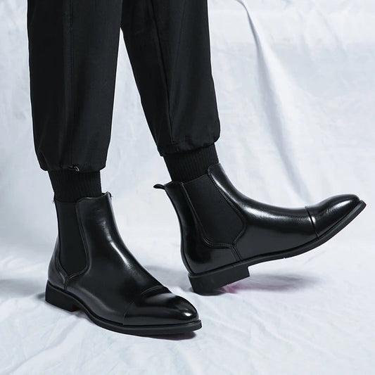 Men’s Leather Boots – Ankle Length – Sleek Fit – Cap Toe – Slip-On Chelsea Style