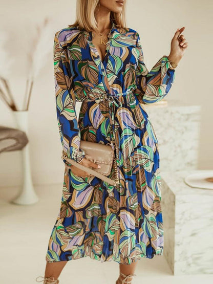 Women's Midi Dress - V-Neck - Long Sleeve - Tie Waist - Flowing Lightweight Fabric